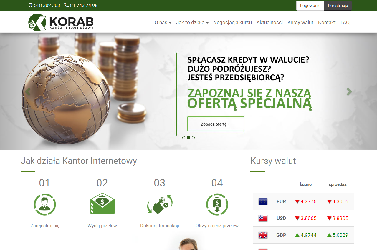 Zrzut strony Internetowy kantor wymiany walut eKantorKorab.pl